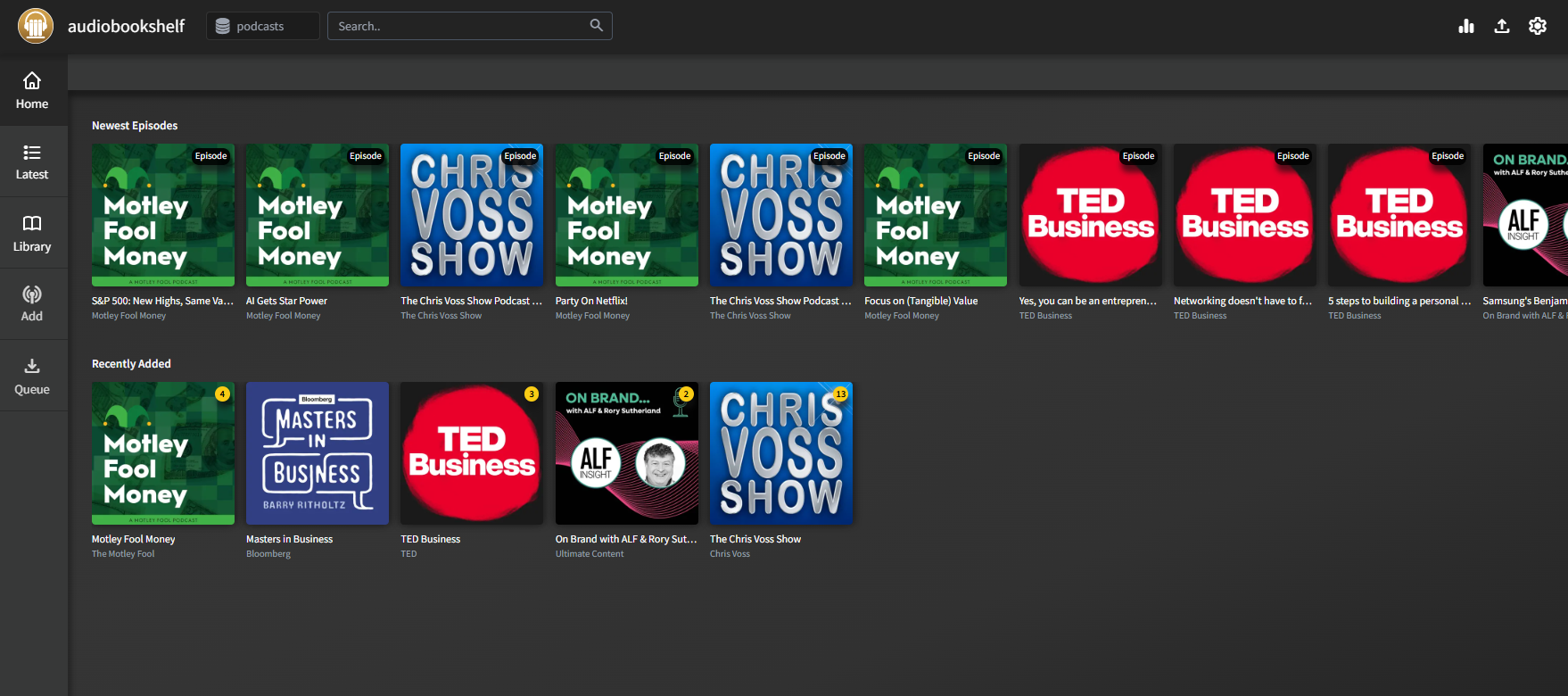 docker Container showing audiobookshelf. audiobookshelf is a podcast and audiobook management tool